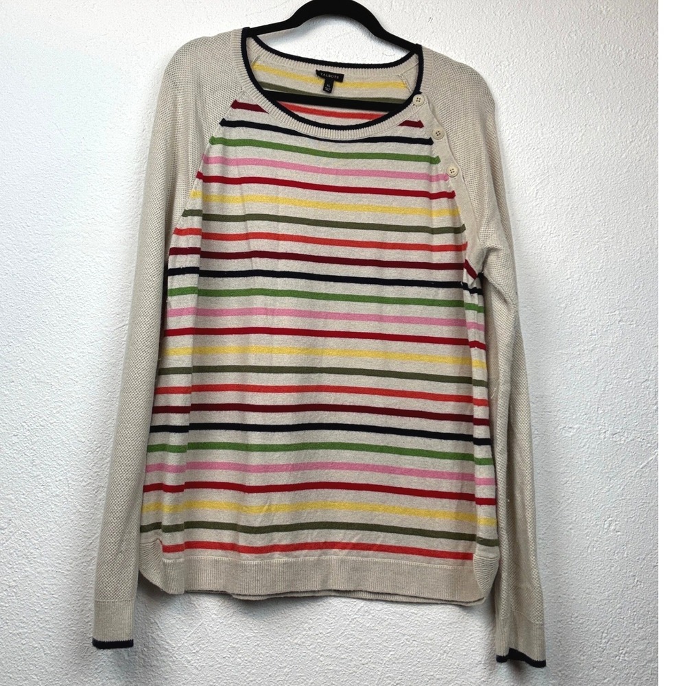 Talbots Ivory Striped Sweater - XL - Shoulder Button Raglan Preppy Coastal